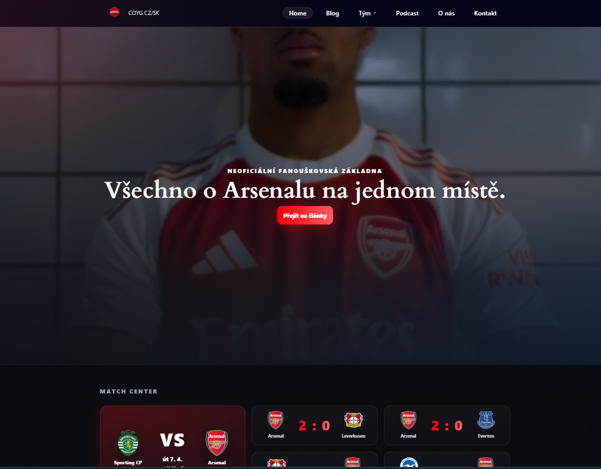 Ukázka fanouškovského portálu COYG.cz.